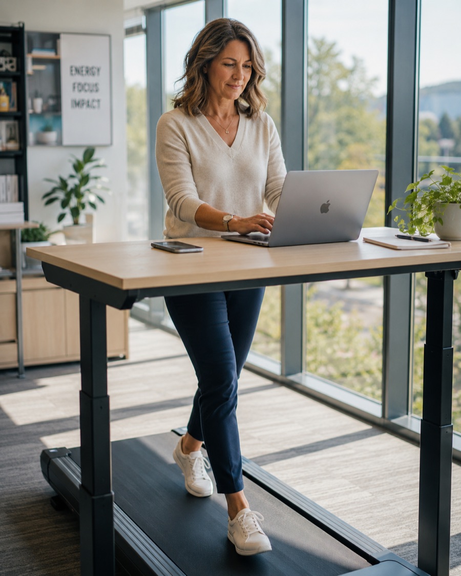 A woman working at a treadmill standing desk